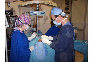 Dr. Sullivan skillfully operating on infant born with cleft lip and palate in Kenyan operating room.